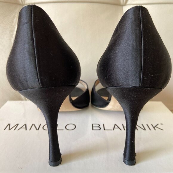 Manolo Blahnik Black Satin Crystal Jeweled Peep-Toe D'Orsay Pumps - Picture 7 of 10